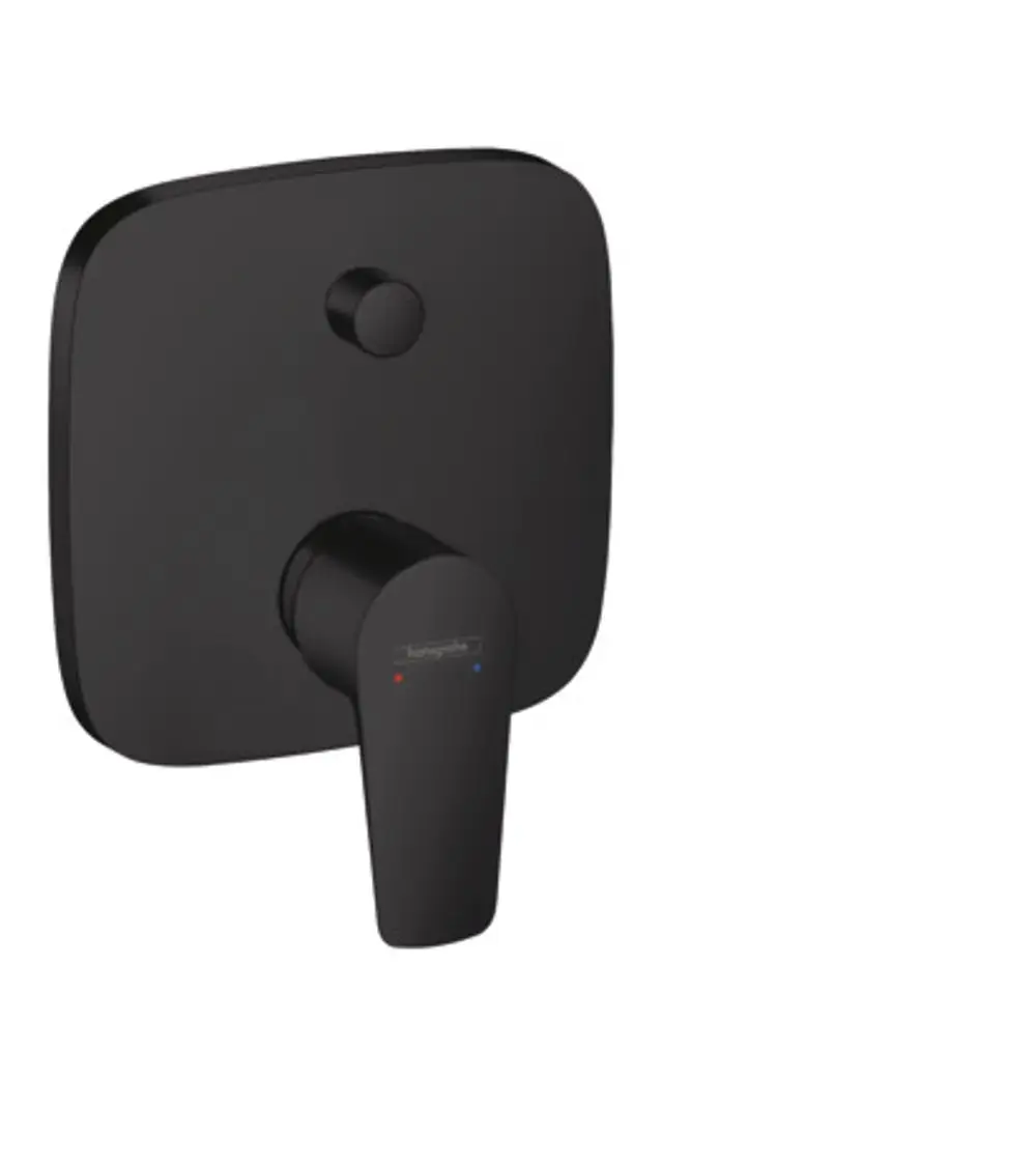 Schwarzer Einhebel-Wannenmischer mit runder Griffschaltung und integrierter Sicherungskombination. Hansgrohe Design für Unterputzmontage.